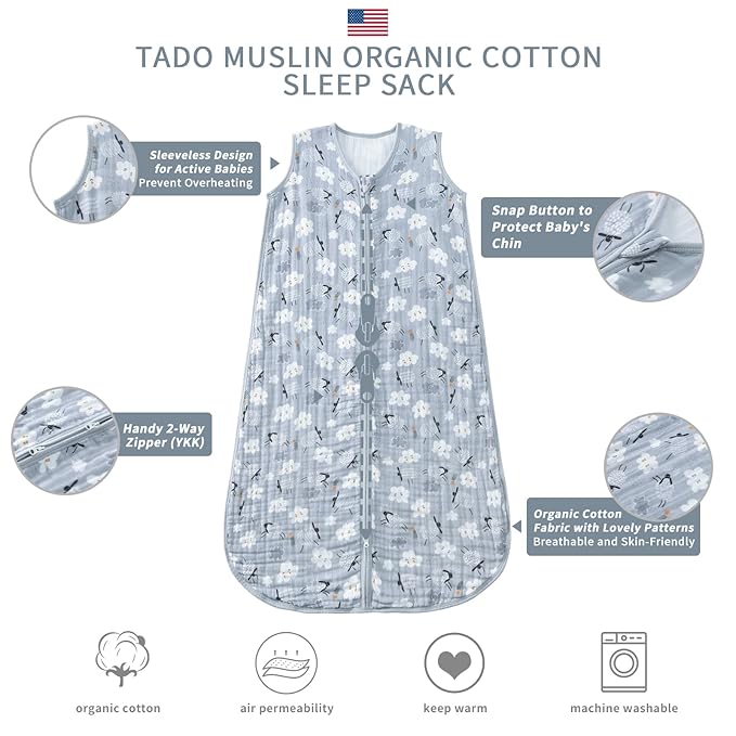 Baby Sleep Sack 2-4 T Baby Wearable Blanket 100% Organic Cotton 0.5 TOG Toddler Sleep Sacks 2- Way Zipper Soft 4 Layers 2T 3T 4T Sheep