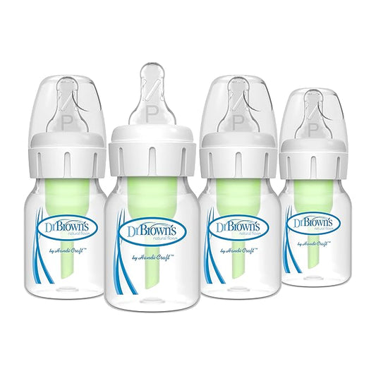 Dr. Brown's Natural Flow Anti-Colic Options+ Narrow Baby Bottle, 2 oz/60 mL, with Preemie Flow Nipple, 0m+, 4 Pack