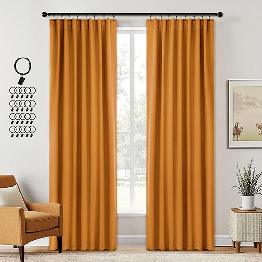 ANRODUO Back Tab Blackout Curtains for Bedroom Living Room, Rod Pocket Pinch Pleated Thermal Insulated Room Darkening Curtains 84 Inches Long 2 Panels, Mustard Yellow, 42 x 84 Inch