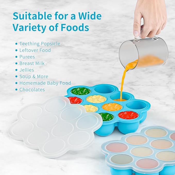 10 Cavities 2 OZ Portions Silicone Baby Food Freezer Tray with Lid, Baby Food Storage Containers,For freezing and storing Breast Milk,ice cube,Fruit Purees,leftovers(Blue)