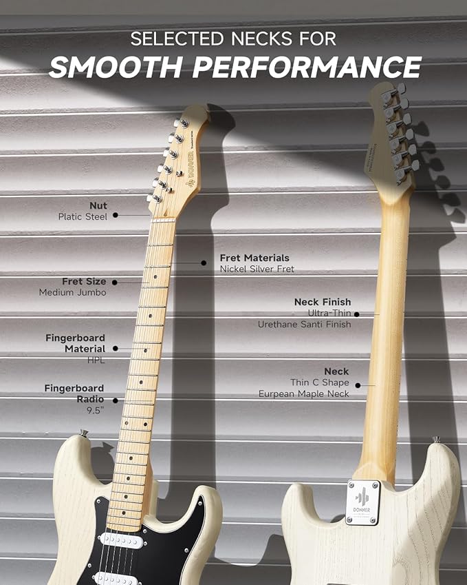 DONNER DST-80 Electric Guitar 39” Beginner Electric Guitar Kit with Amp, Classic SSS Pickup Complete with Gig Bag, Tuner, Capo, Strap, Picks, and Free Online Lessons, Bone White