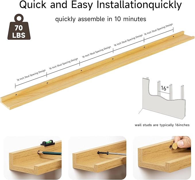 Floating Picture Ledge Shelves for Wall Set of 2, 95 Inches Picture Ledge Shelf with Long Large Nursery Book Shelf for Toys Storage Kids Bookshelf Wall Mounted Living Room Bedroom Decor Frames, Oak