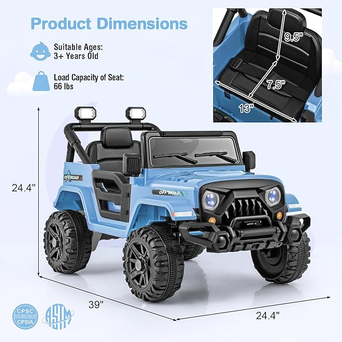 Costzon 12V Kids Ride on Truck Car, Electric Vehicle w/Remote Control, Threaded Wheels, 3 Speeds, LED Lights, Music, Horn & Wireless Connection, Battery Powered Ride on Toy for Boys & Girls 3+ (Blue)