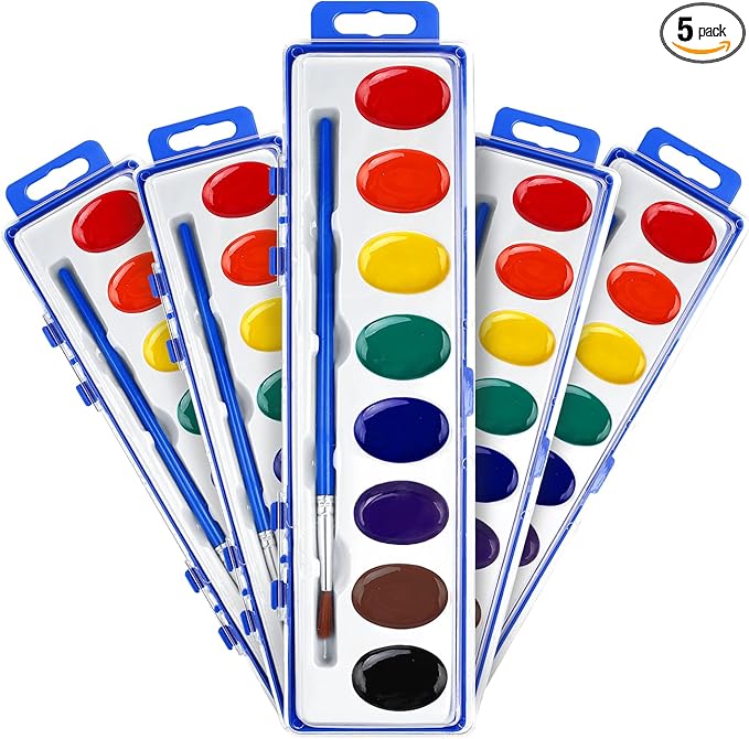 FUMILE Watercolor Paint Set Bulk,5 Pack,8 Colors Watercolors Paint with Paintbrush.Washable Watercolor Paint Set Kids for Parties,Birthday Party Favor,valentines for kids classroom.