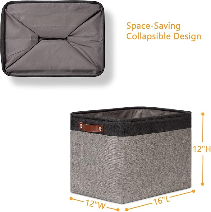 DULLEMELO Storage Bins 16"x12"x12" With Leather Handles for Organizing,Decorative Collapsible Storage Baskets for Shelves Closet Home Office (Black&Grey)