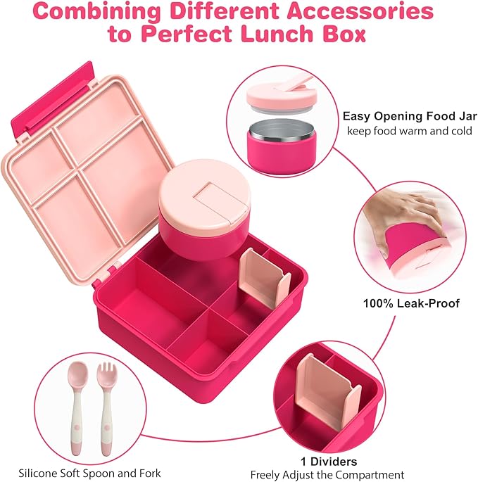 Kids Bento Lunch Box with 8oz Soup Thermo, Water Bottle, Leakproof Lunch Food Containers with 4 Compartment, Kids Insulated Hot Food Jar with Lunch Bag for School(Pink)
