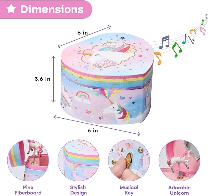 Jewelkeeper Music Jewelry Box for Girls - Sturdy Plastic with Fancy Mirror Twirling Unicorn Figurine and Flocked Lining - Kids Jewelry Box for Secrets and Keepsakes - Heart Shaped Unicorn Print