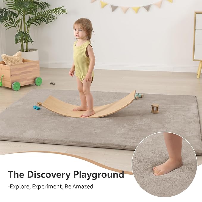 Baby Play Mat for Floor,Extra Large 79"×118" Tummy Time Mat,Thicker Memory Foam Mat for Toddler,Infant,Kids,Water Repellent Ultra Soft Coral Velvet,Non-Slip Backing Safe for Crawling(Beige)