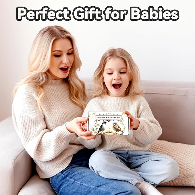 Baby Hair Brush and Comb Set, Wooden Natural Goat Bristles Hairbrush+Comb+ White Cradle Cap Brush Grooming Kit for Newborns Toddlers Boys Girls (Pack of 3)