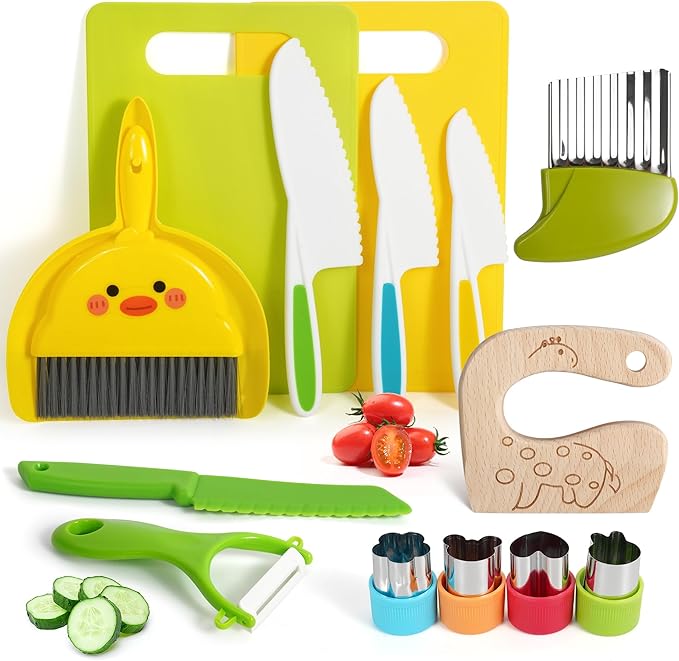 Kids Kitchen Knife Set, 15 Pcs BPA Free Montessori Kitchen Tools for Toddlers' Real Cooking, Include Knives, Crinkle and Sandwich Cutters, Peeler, Cutting Boards, Cleaning Tools for 3+ Birthday Gift