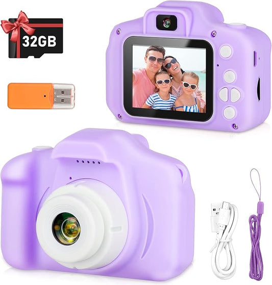 Kids Camera, HD Digital Video Camera, Childrens Toys for 3 4 5 6 7 8 9 Year Old Boys/Girls, Selfie Camera for Kids, Christmas Birthday Gifts with 32GB SD Card (Purple)