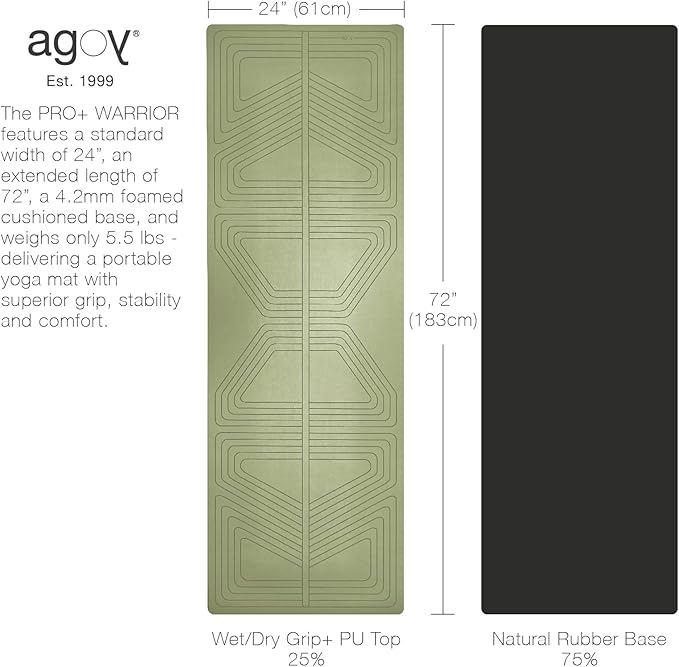 agoy Pro+ Warrior - Premium Non-Slip Yoga Mat – Eco-Conscious Design - PU Mat With Wet/Dry Grip+ - Focus Alignment - Lazer-Etched Technology - A Portable Standard Size Mat for All Styles of Yoga