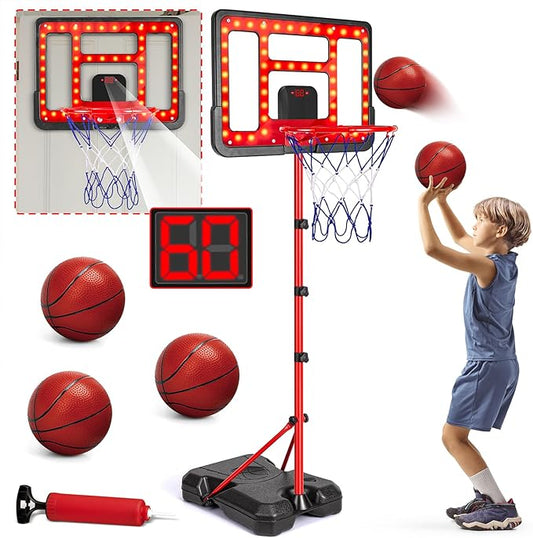Kids Basketball Hoop Adjustable Height 3.5FT-6.2FT, Indoor Outdoor Toddler Basketball Hoop with LED Scoreboard, Boys Basketball Toy for 3 4 5 6 7 8 Years Gift, Portable Basketball Goals Sport Game