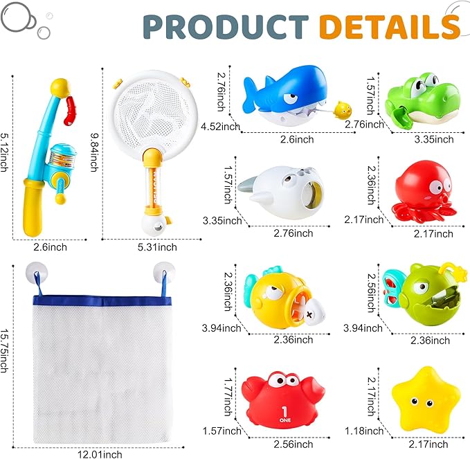 Bath Toys for Kids, Magnetic Fishing Toys with Storage Bag and Light up Star, Wind Up Creatures Baby Bathtub Birthday Gifts for Toddlers 2-4 Boys Girls, 11 Pcs Set