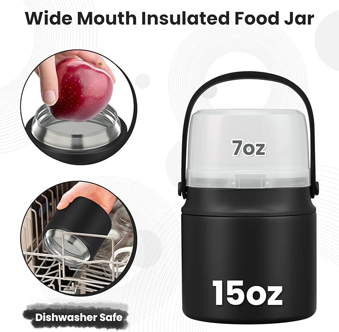 2-in-1 Insulated Food Jar & Snack Container - 15oz Kids Soup Thermos for Hot Food with Handle and Spoon, Leak Proof Reusable Toddler Snack Box, Perfect for School & Travel, Black