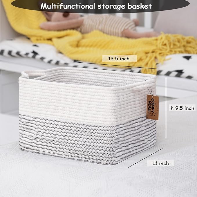 COMFY-HOMI Cotton Rope Woven Basket with Handles for Shelves,Toys,Book, Cloth Storage Baskets Bin for Organizing-13.5"x11"x9.5" Toy Decorative Organizer for Living Room, Bathroom-White/Black Line