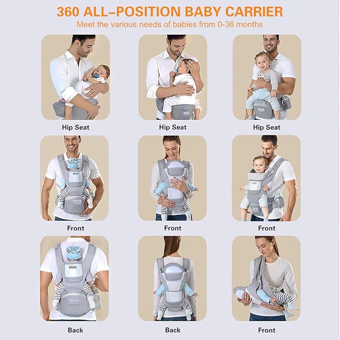 Baby Carrier Ergonomic Infant Carrier with Hip Seat Kangaroo Bag Soft Baby Carrier Newborn to Toddler 7-45lbs Front and Back Baby Holder Carrier for Men Dad Mom (Grey)