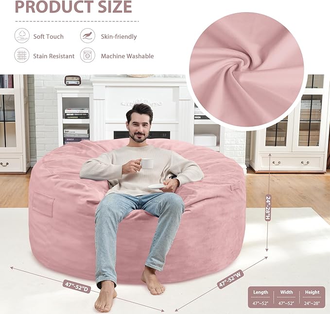 5FT Bean Bag Chair, Large Bean Bag Chairs with Memory Foam Filled, Fluffy Beanbag Sofa with Dutch Velvet Cover, Round BeanBag Chairs for Living Room, Playroom - Light Pink