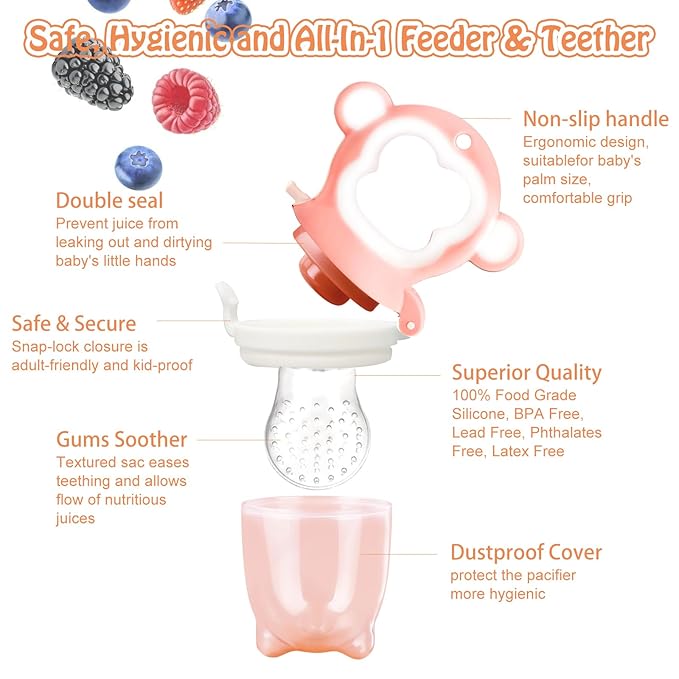 Baby Fruit Food Feeder - Silicone Nibble Tray Combo - Breastmilk Popsicle Mold for Cooling Relief, BPA Free Mesh Feeder for Infant Self Feeding (Monkey Pink + Pineapple)