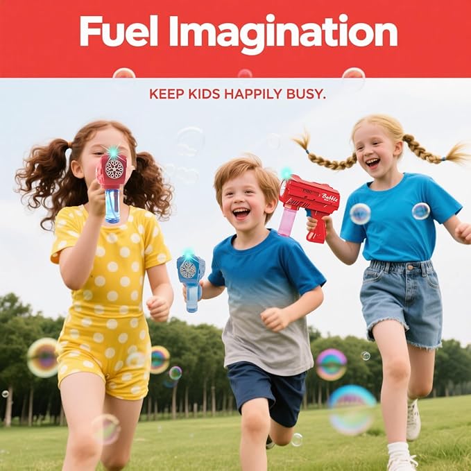 Kids Bubble Gun, Bubble Blaster with Refill Solution, Automatic Bubble Maker Blower & LED Light, Bubble Machine Guns for Toddlers Age 3-8, Outdoor Toys，Birthday Gifts，Easter, Wedding, Party (Red)
