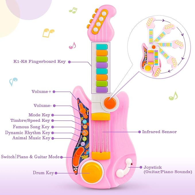 Kids Guitar, Electric Toddler Baby Music Toys for Ages 2-4 with Piano Mode Strap and Lights Child Musical Instruments Ideal for 2+ Year Old Girls Boys Birthday