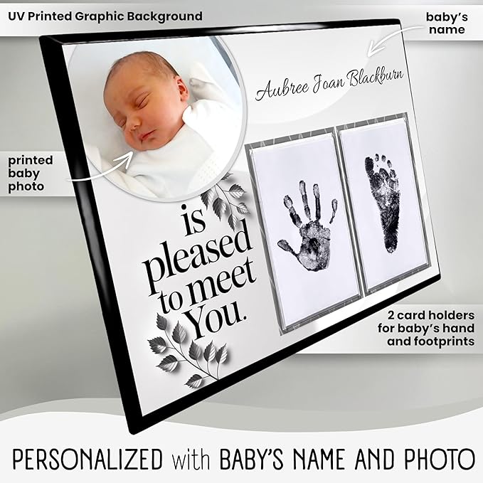 Baby Hand and Footprint Kit with Photo & Birth Details, Inkless Hand and Footprint Kit, Newborn Keepsake Plaque, Baby Shower Gifts (STYLE 1 (Fully Personalized) (Is Pleased To Meet You))