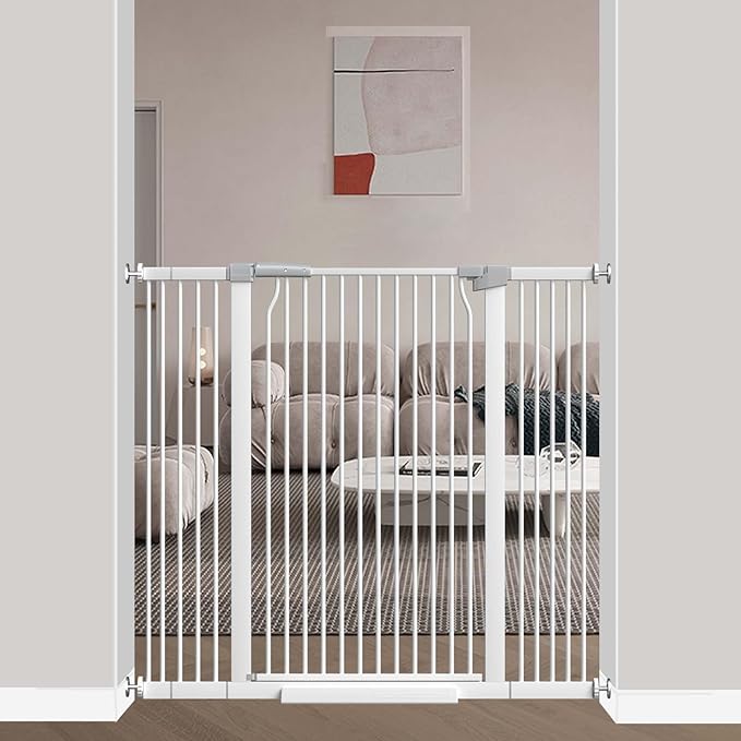 40.5" Extra Tall Baby Gate for Stairs, 40.6"-49.1" Extra Wide Dog Pet Gate Indoor, Pressure Mounted Safety First Baby Gate, No Drill Puppy Tall Gate for Doorways Walk Through House, White