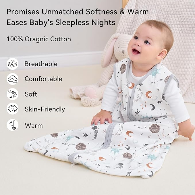 Baby Sleep Sack 6-12 Months 3 Pack 100% Cotton Lightweight 0.5 TOG Wearable Blanket Baby Sleep Bag with 2-Way Zipper for Newborn Infant White Gray Blue Space