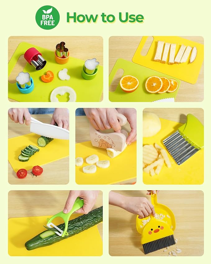 Kids Kitchen Knife Set, 15 Pcs BPA Free Montessori Kitchen Tools for Toddlers' Real Cooking, Include Knives, Crinkle and Sandwich Cutters, Peeler, Cutting Boards, Cleaning Tools for 3+ Birthday Gift