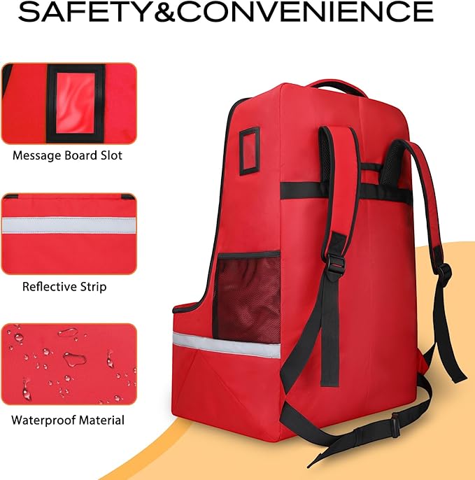 Car Seat Travel Bag for Airplane,Infant Seat Travel Bag with Shoulder Strap,Padded Car Seats Backpack with Reflective Stripes,Large Carseat Carrier Bag Travel Car Seat Cover, Red