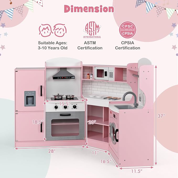 Costzon Corner Kids Kitchen Playset, Wooden Play Kitchen with Sounds & Lights, Washing Machine, Range Hood, Ice Maker, Microwave, Oven, Sink, Pretend Toy Kitchen Set for Toddler, Gift for Boys Girls