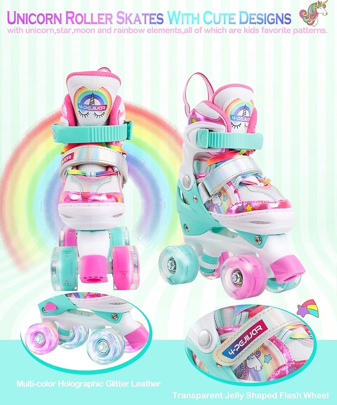 4-Pejiijar Rainbow Unicorn Kids Roller Skates for Girls Toddler Ages 2-4 5-8 8-12,Adjustable Roller Shoes with Luminous Wheels for Birthday Xmas Gifts