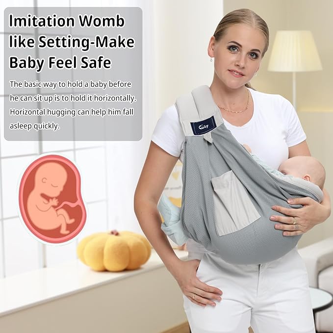 CUBY Mesh Baby Sling Carrier, Breathable Lightweight Baby Wraps Sling with Adjustable Strap- Easy to Wearing Soft Front Facing Baby Slings for Newborn Infant Toddler Carry Up to 40lbs(Gray Mesh)