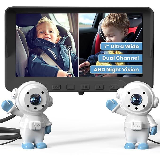 GROWNSY Dual Car Camera Baby Monitor, 7" 1080P AHD Car Camera for 2kids, Backseat Mirror for Baby Rear Facing with Infrared Night Vision, Easily Observe Baby's Every Move