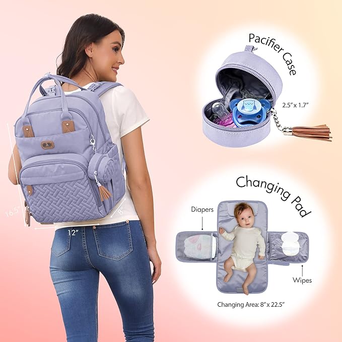 Dikaslon Diaper Bag Backpack with Portable Changing Pad, Pacifier Case and Stroller Straps, Large Unisex Baby Bags for Boys Girls, Multipurpose Travel Back Pack Moms Dads, Taro Purple