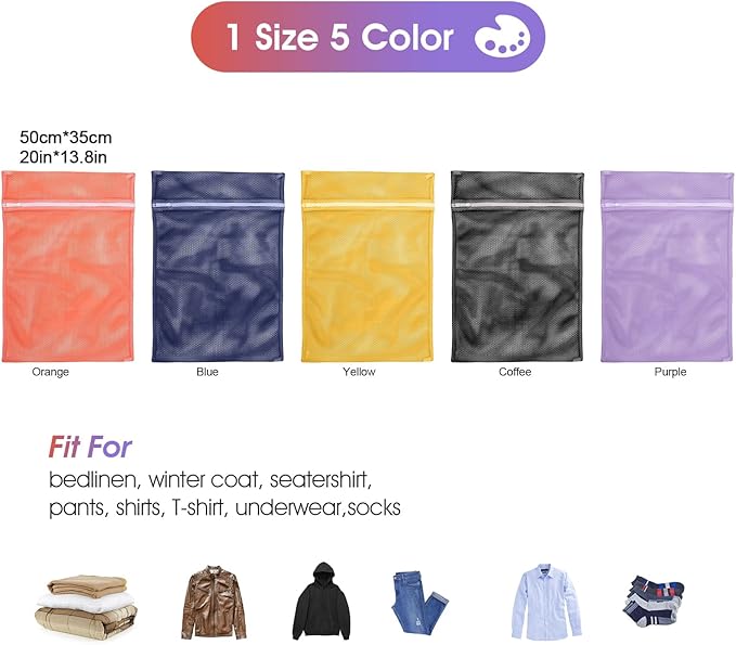 5Pcs Sturdy Mesh Laundry Bags for Delicates, Lingerie, Bras, Travel and Organzie - 5 Color(14x20 Inch)
