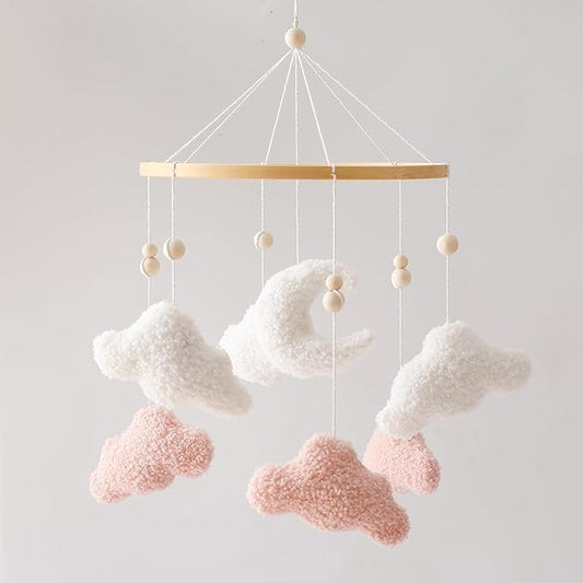 EERKEOD Baby Crib Mobile Bunny Nursery Mobile for Boys Girls Teddy Velvet Mobile Nursery Decor for Infant Bedroom Hanging Baby Mobile for Bassinet Newborn Baby Gift（Pink Clouds）