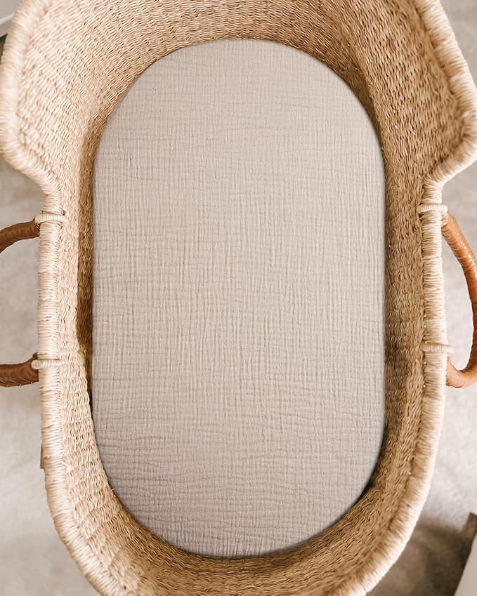 Bassinet Sheet for Baby Boy and Girl, Fitted Sheets for Rectangle, Oval, Hourglass Bassinet Mattress, Muslin Moses Basket Sheets with Neutral Style (Beige)