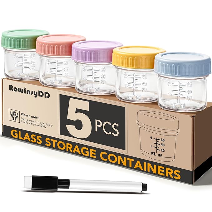 5 Pack Glass Baby Food Storage Containers, 4 oz Leakproof Baby Food Jars with Lids, Small Glass Food Containers for Infant Baby, Freezer & Microwave Safe, BPA Free