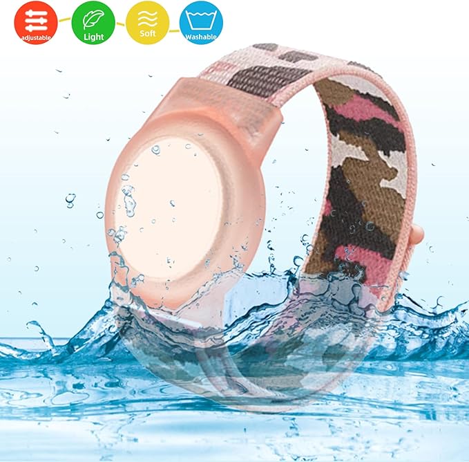Compatible with Apple AirTag Bracelet for Kids, Camo Nylon Air Tag Wristband, Protective Case for Airtag GPS Tracker Holder, Adjustable Anti Lost Watch Band for Toddler Child Elder (Pink)
