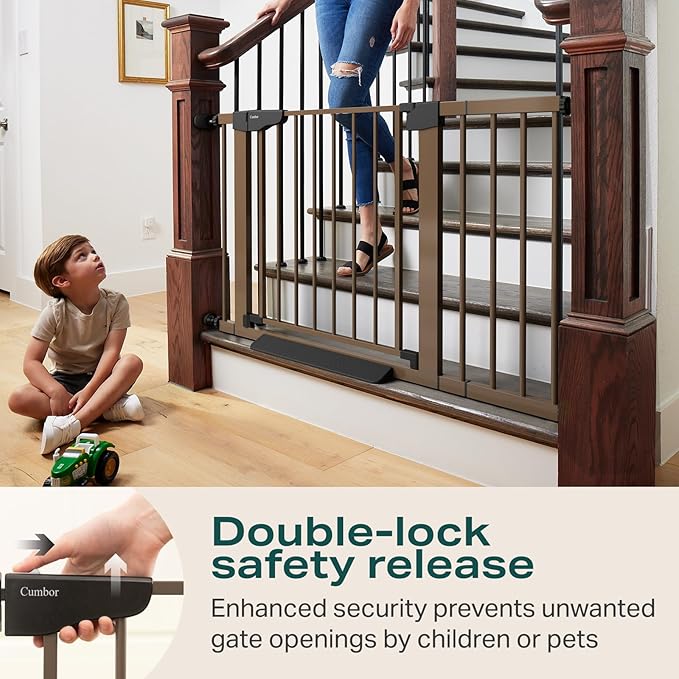 Cumbor 2 Pack 29.7-46" Baby Gate for Stairs, Mom's Choice Awards Winner-Auto Close Dog Gate for doorways, Easy Install Pressure Mounted Pet Gates indoor, Easy Walk Thru Wide Safety Gate for Dog, Brown