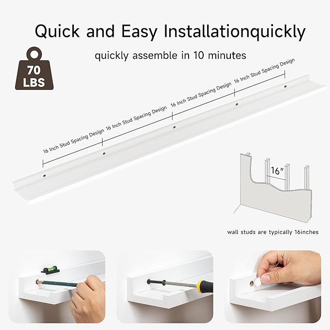 Floating Picture Ledge Shelves for Wall Set of 2, 84 Inches Picture Ledge Shelf with Long Large Nursery Book Shelf for Toys Storage Kids Bookshelf Wall Mounted Living Room Bedroom Decor Frames, White