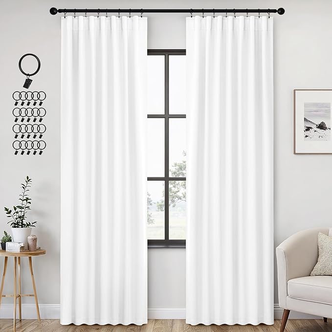 ANRODUO Back Tab Blackout Curtains for Bedroom Living Room, Rod Pocket Pinch Pleated Thermal Insulated Room Darkening Curtains 84 Inches Long 2 Panels, White, 42 x 84 Inch