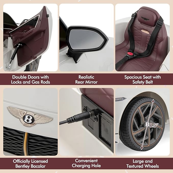 Costzon Ride on Car, 12V Licensed Bentley Bacalar Battery Powered Kids' Electric Vehicles w/Remote Control, Scissor Doors, Wireless Connection, Lights/Sound Effects, Kids Car Toys for Toddlers(White)