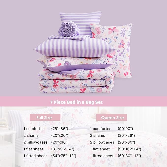 Full Size Comforter Sets with Sheets for Girls-7 Pieces Full Size Bedding Sets with Pink Comforter, Sheets, Pillowcases & Shams for Kids (Cute Botanical Flowers, 76" X 86")