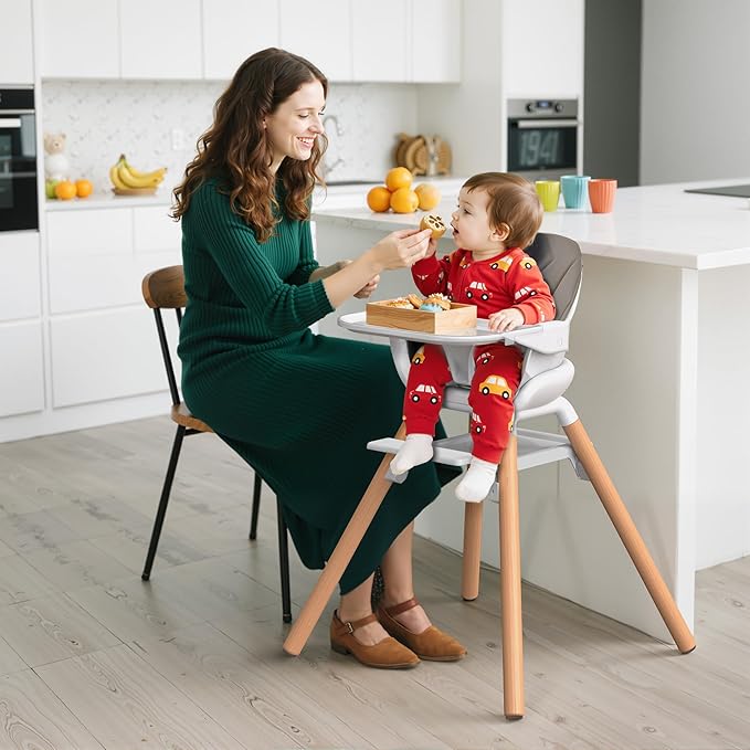 Baby High Chair, Highchair for Baby & Toddler, Easy Clean Infant Highchair, 6 in 1 Feeding High Chair with Removable Double Tray and Waterproof PU Cushion, Wooden Legs, Champagne