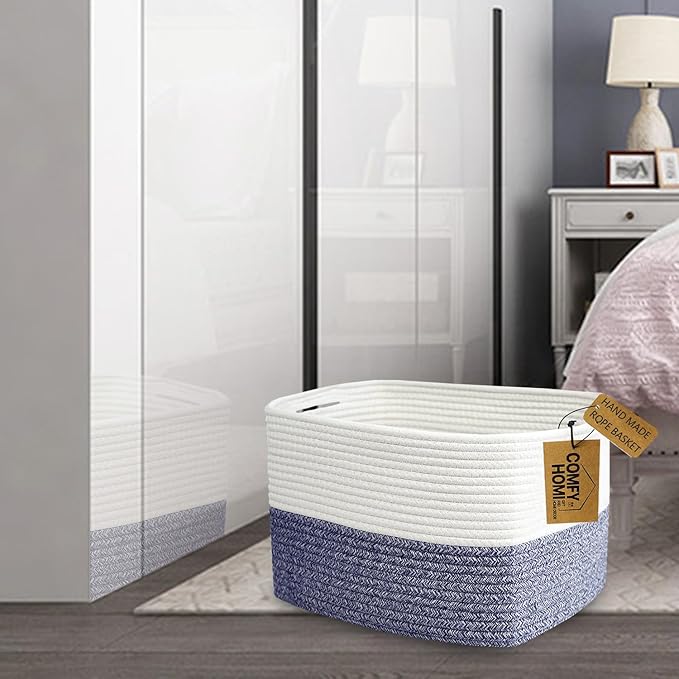 COMFY-HOMI Medium Cotton Rope Basket With Handles for Shelves|Dog Toy|Baby Gift Basket Empty for Organizing|NEW Generation 13.5" x 11" x 9.5" Living Room (Navy Blue)