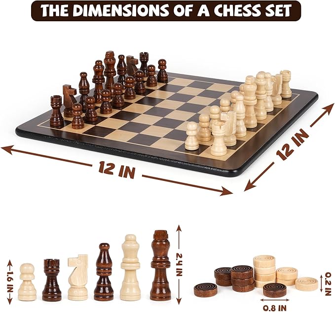 3-in-1 Wooden Chess, Backgammon Set and Checkers Set- 12 Inch Portable Board Game for Kids and Adults, Classic Strategy Game with Durable Chess Pieces Perfect for Travel Family Game Educational Games