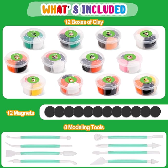 Air Dry Clay Kits for Kids, Arts and Crafts for Kids Ages 8-12, DIY 12 Animals Magic molding Clay Set with Sculpting Tools & Magnets, Modeling Toys for Boys & Girls Ages 4 5 6 7 8+ Years Old