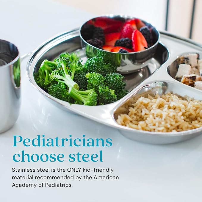 Ahimsa Stainless Steel Kids Plates - Divided Toddler Plates, Pediatrician Designed, Non Toxic Toddler Plate, Camping Plate, BPA Free & Dishwasher Safe (Single)